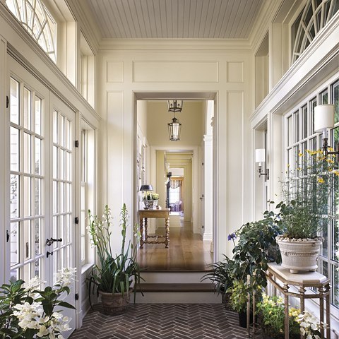 Bright hallway, potted plants, large windows