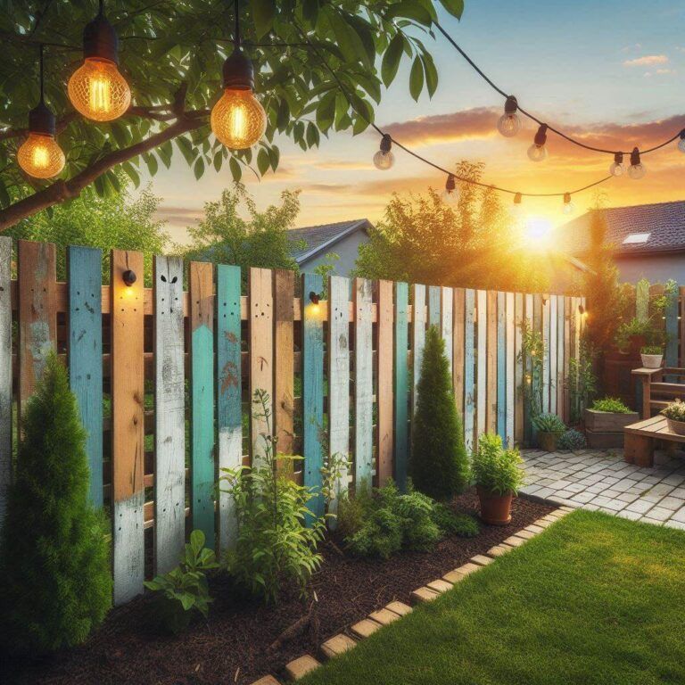 Colorful pallet fence with string lights