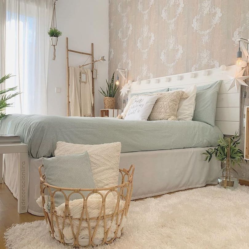 Sage green bedroom, natural decor, cozy