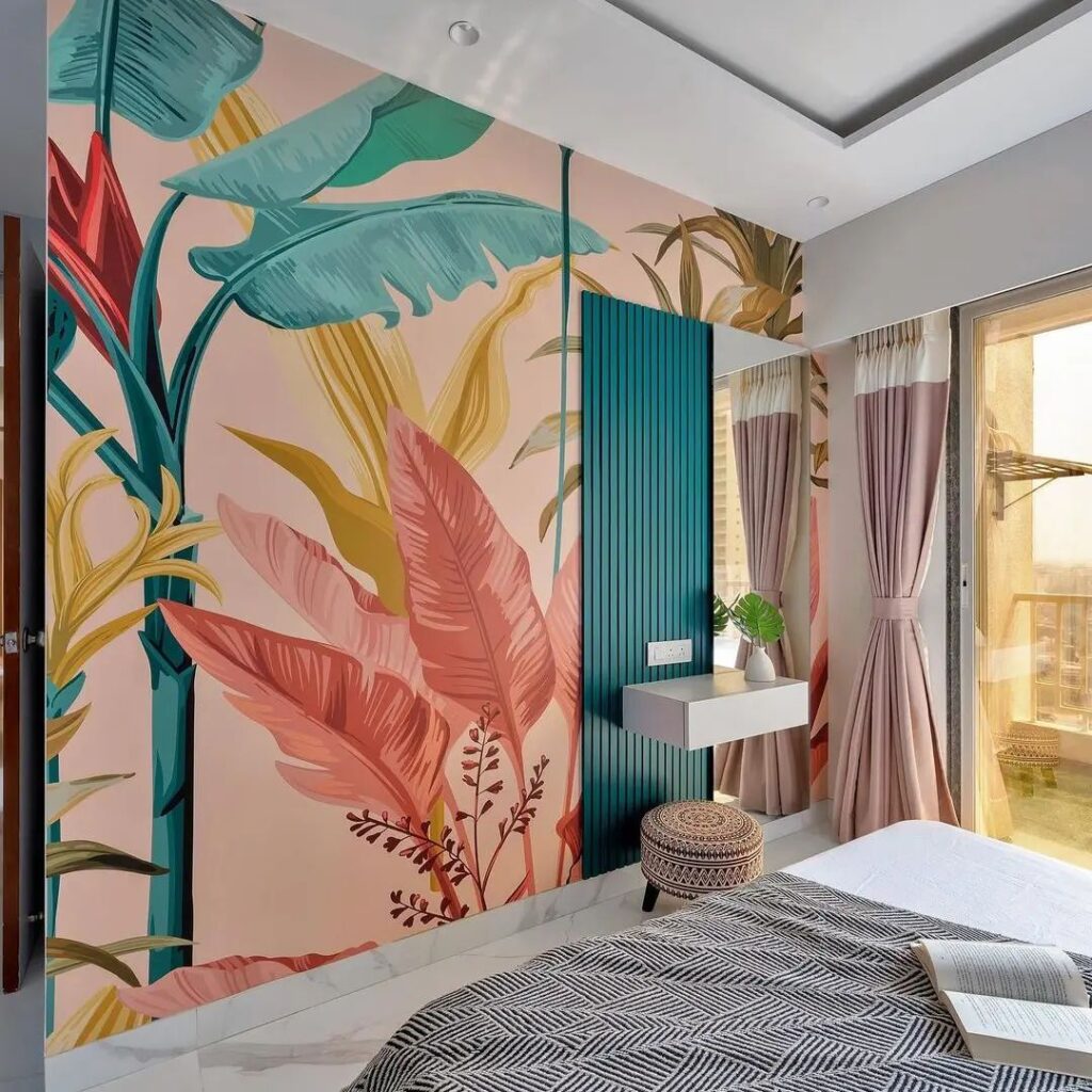 Tropical mural, teal accents, modern bohemian bedroom