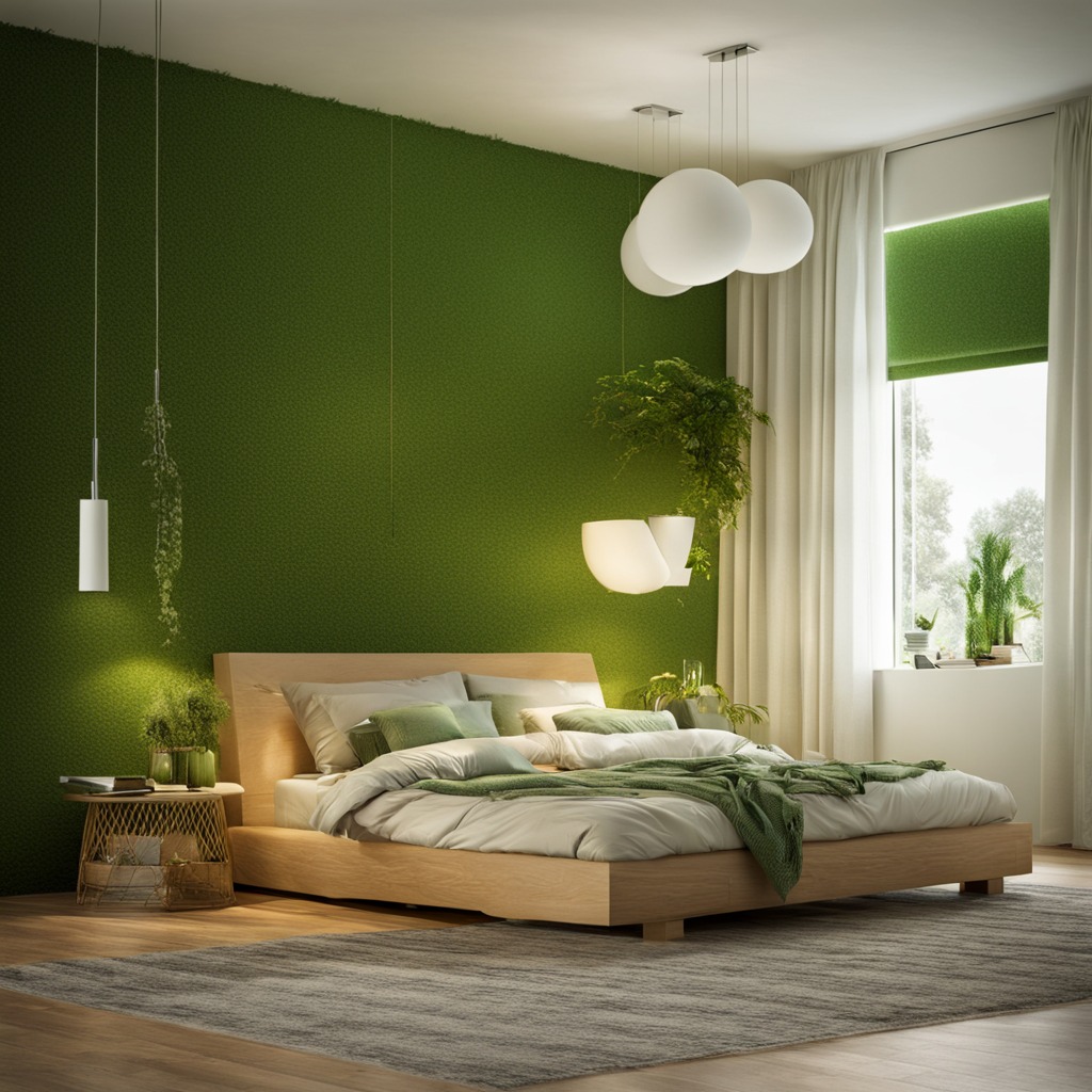 Green bedroom with wooden bed, plants