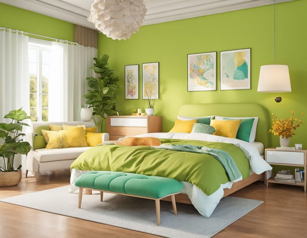 Lime green walls, colorful bedding, spring-inspired decor