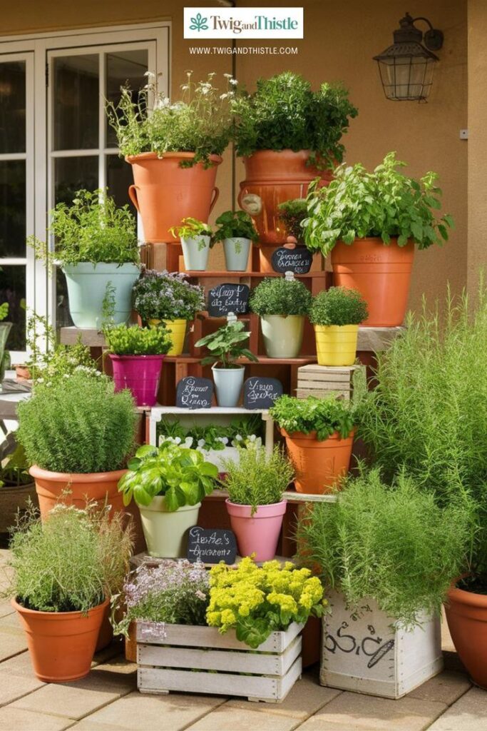 Colorful tiered herb garden on patio