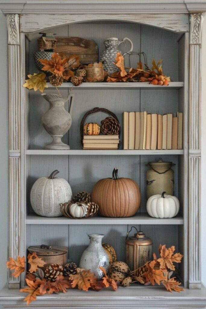 Hutch, pumpkins, vintage decor, autumn leaves