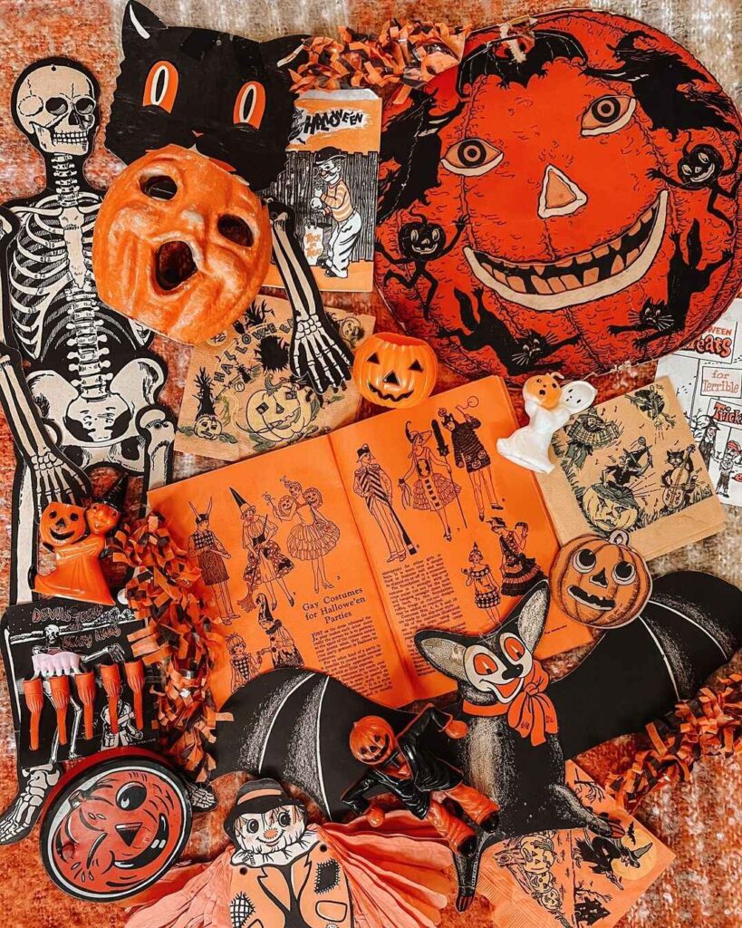 Retro Halloween decorations with vintage illustrations