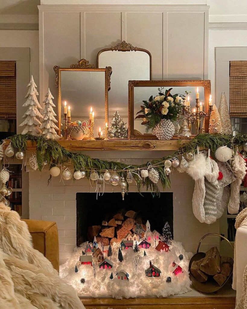 Mirrored mantel Christmas village ornaments garland