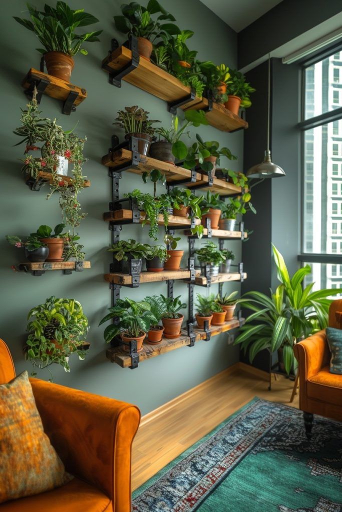 Wall-mounted shelves, potted plants, green wall