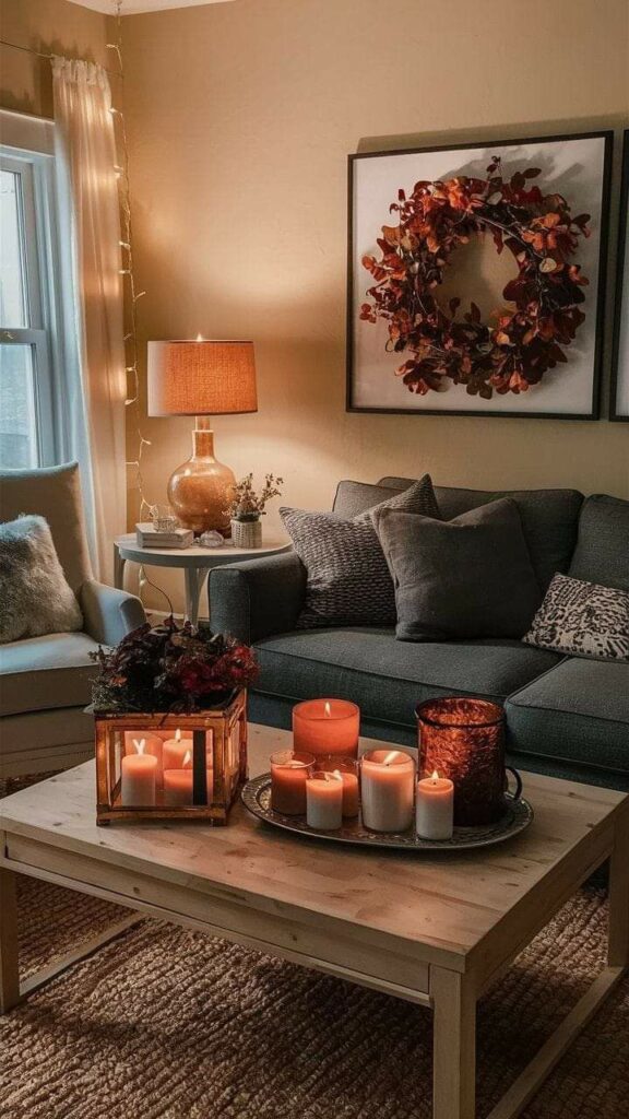 Living room with fall decor, candles