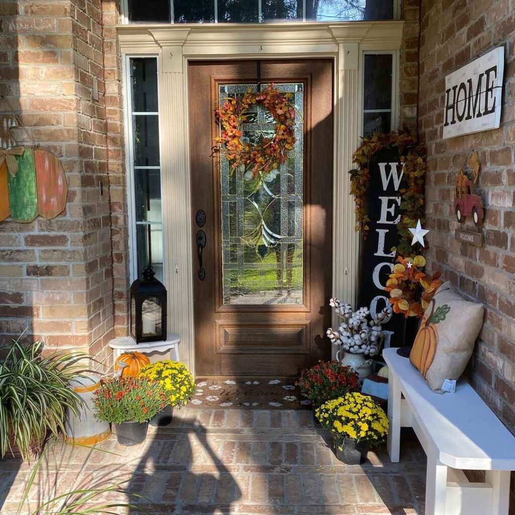 Fall porch, wreath, mums, welcome sign