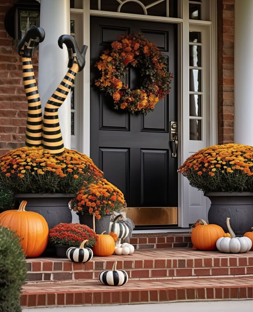 Fall porch, mums, pumpkins, witch legs