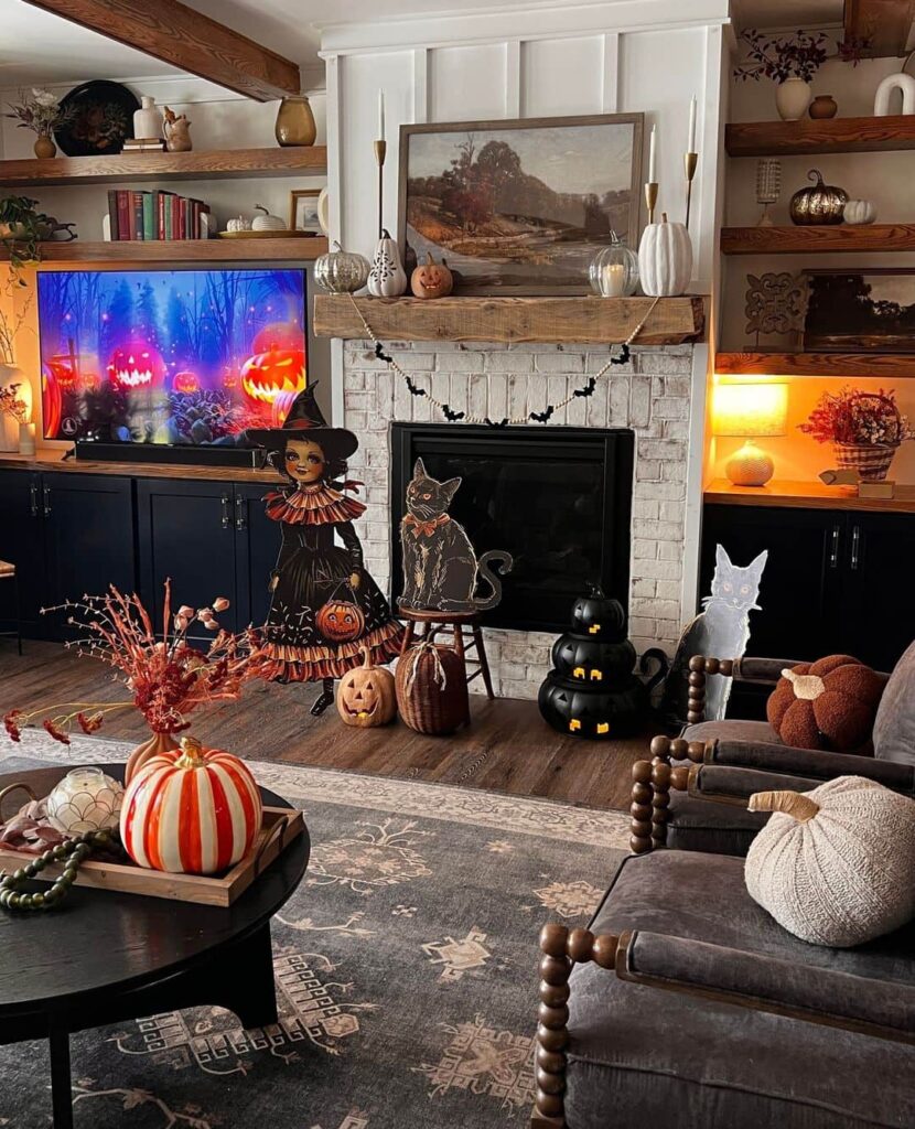 Halloween living room, decorated fireplace, pumpkins, witch figure