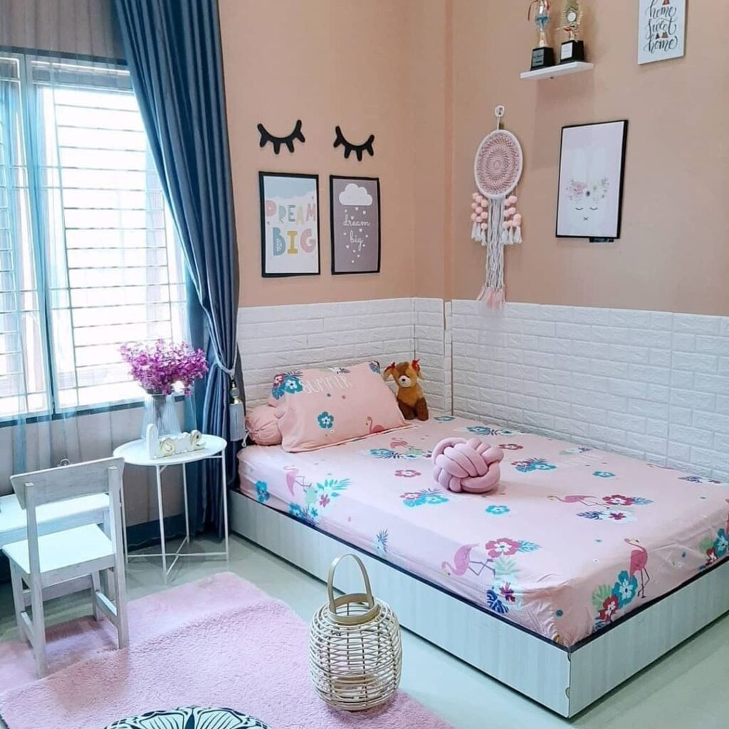 Pastel girl's bedroom with green accents