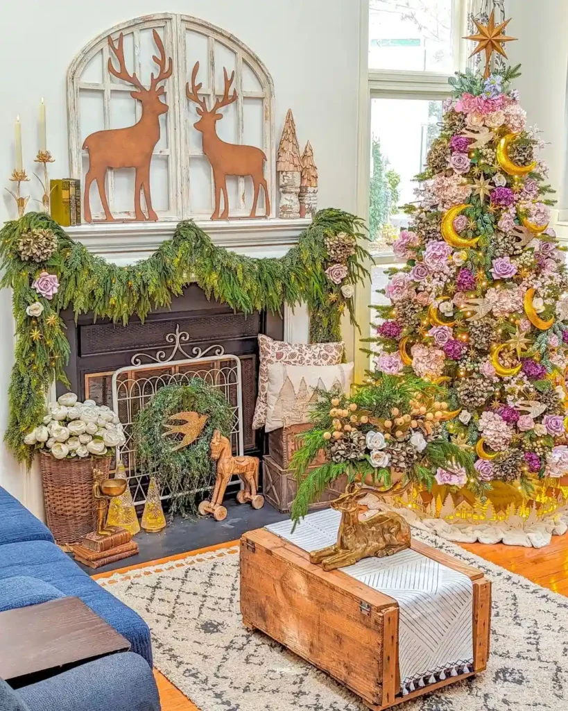 Floral Christmas tree, rustic fireplace decor