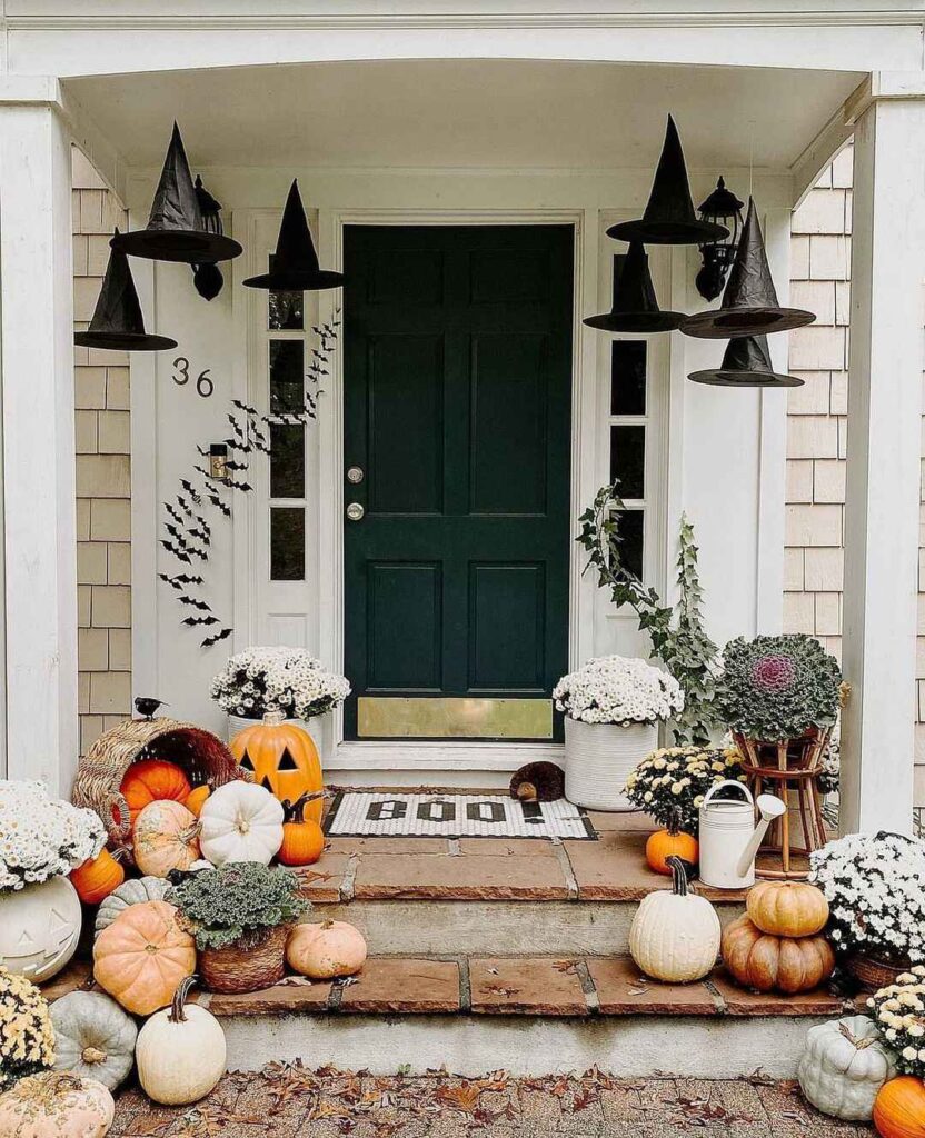 Halloween porch with floating witch hats and pumpkins