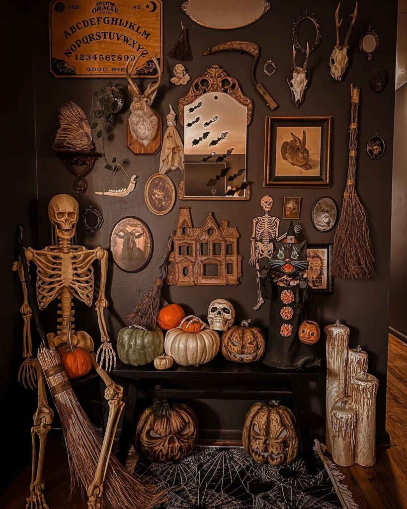 Gothic Halloween wall display with skeleton