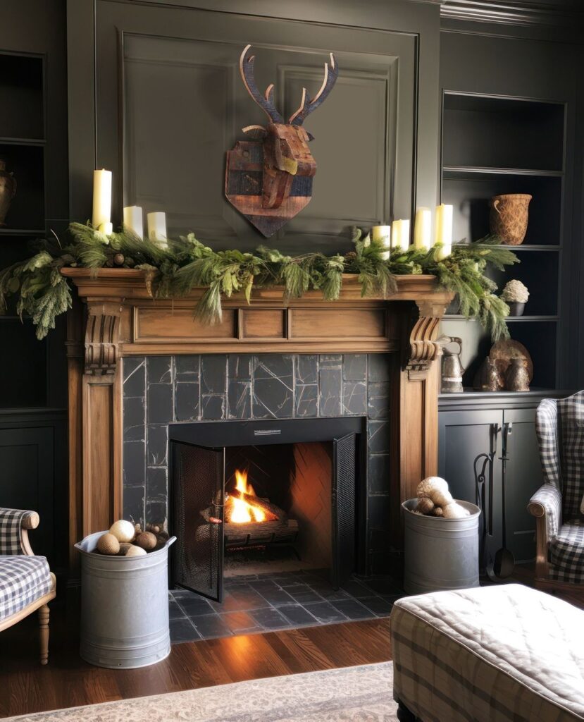 Cozy fireplace with deer decor and greenery