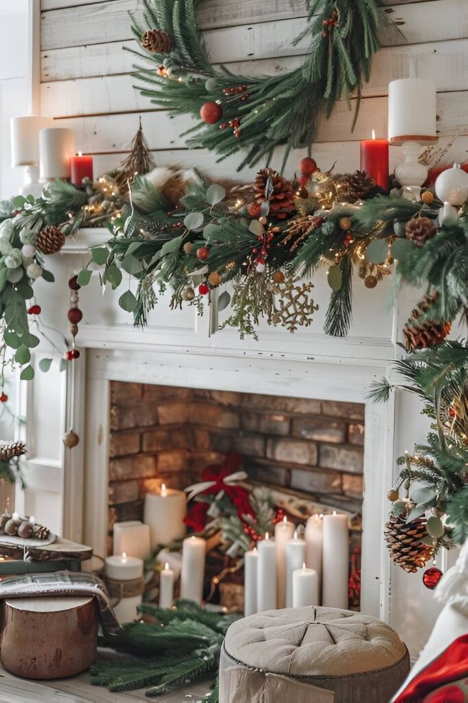 Candlelit fireplace with natural greenery garland