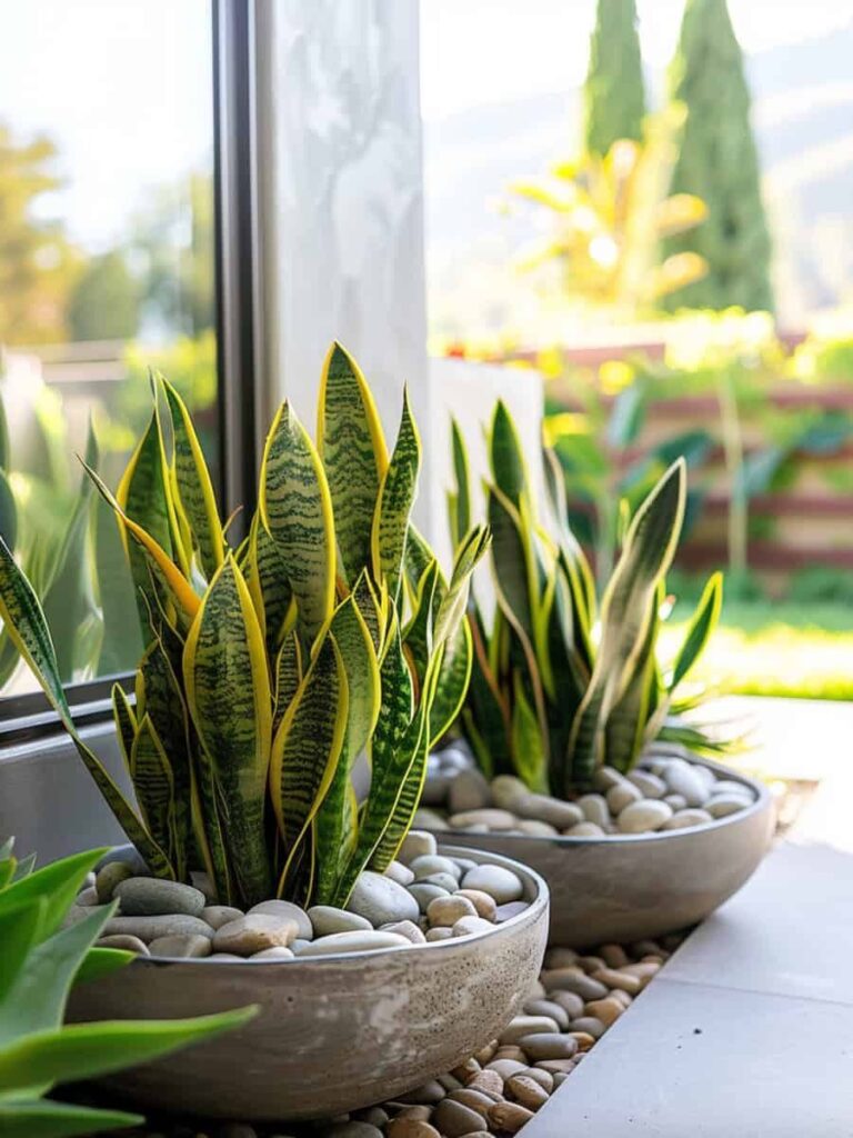 Snake plants in pebble-filled concrete bowls