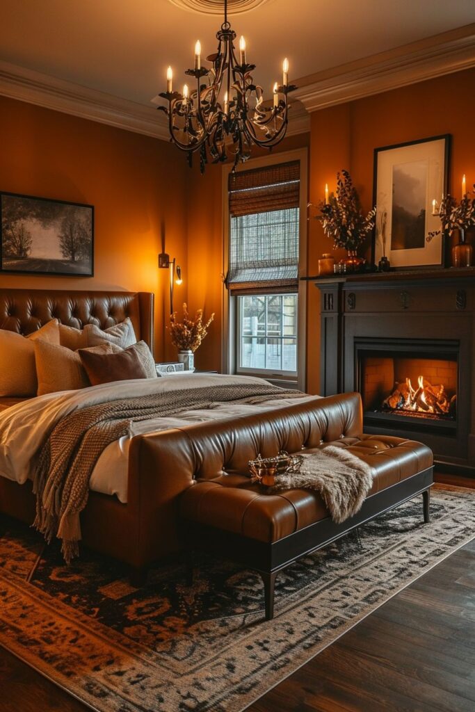 Cozy orange bedroom with leather bed and lit fireplace