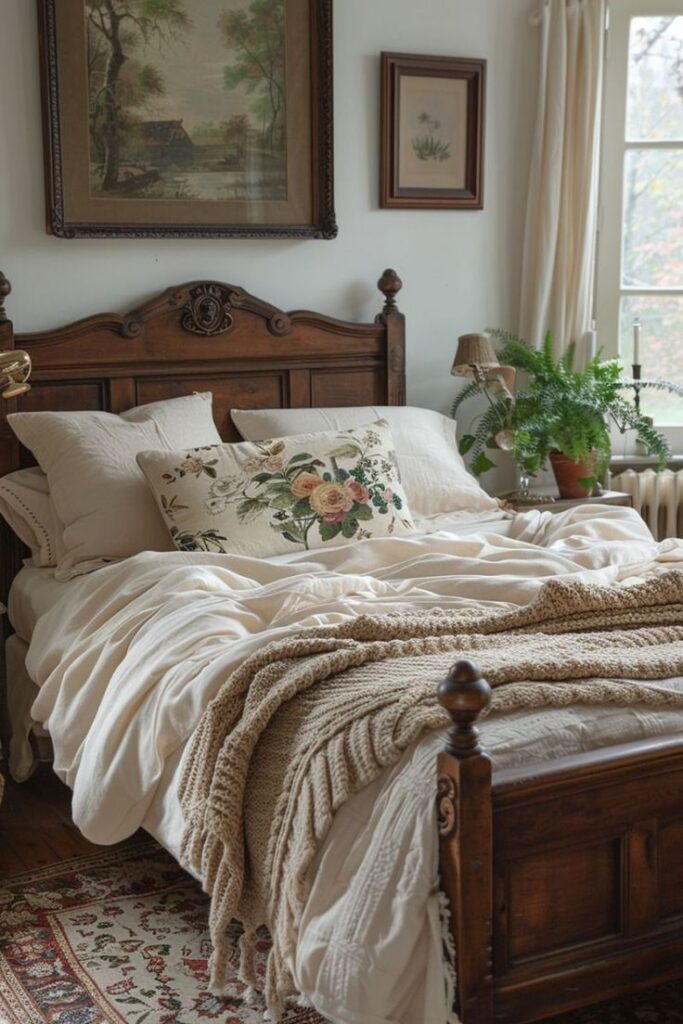 Vintage bedroom with antique bed, artwork