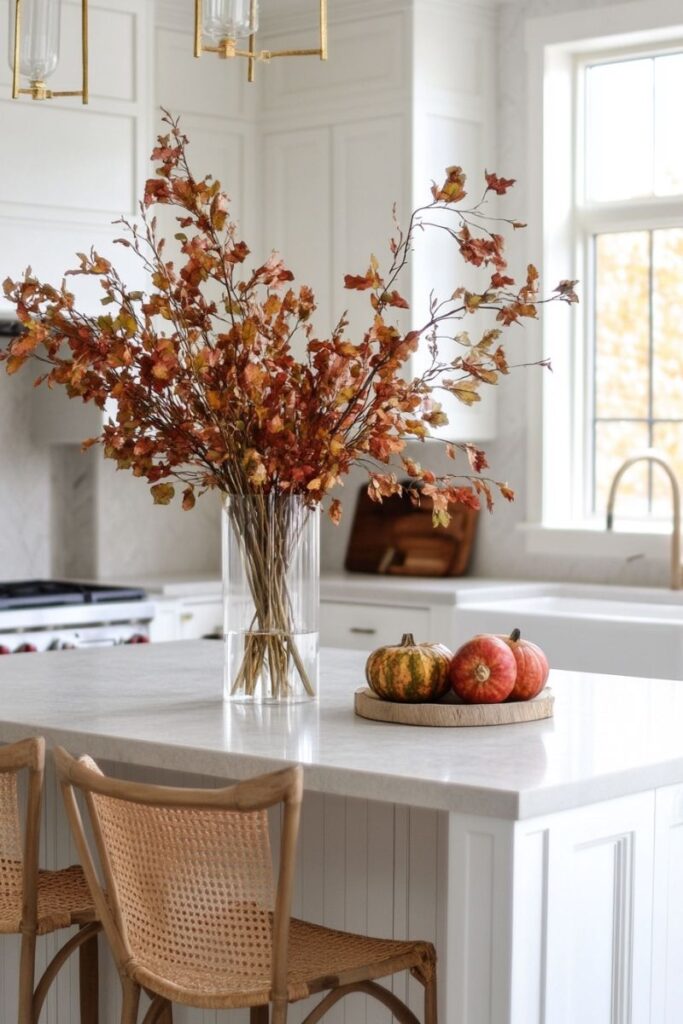 Autumn leaves in vase with pumpkins