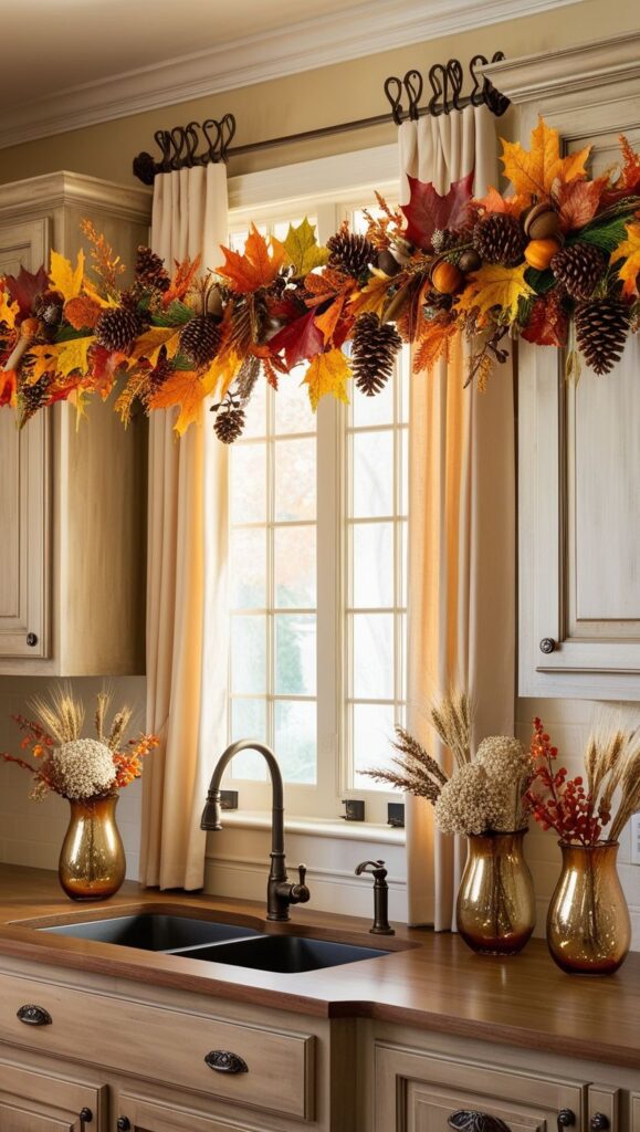 Autumn garland above kitchen sink window