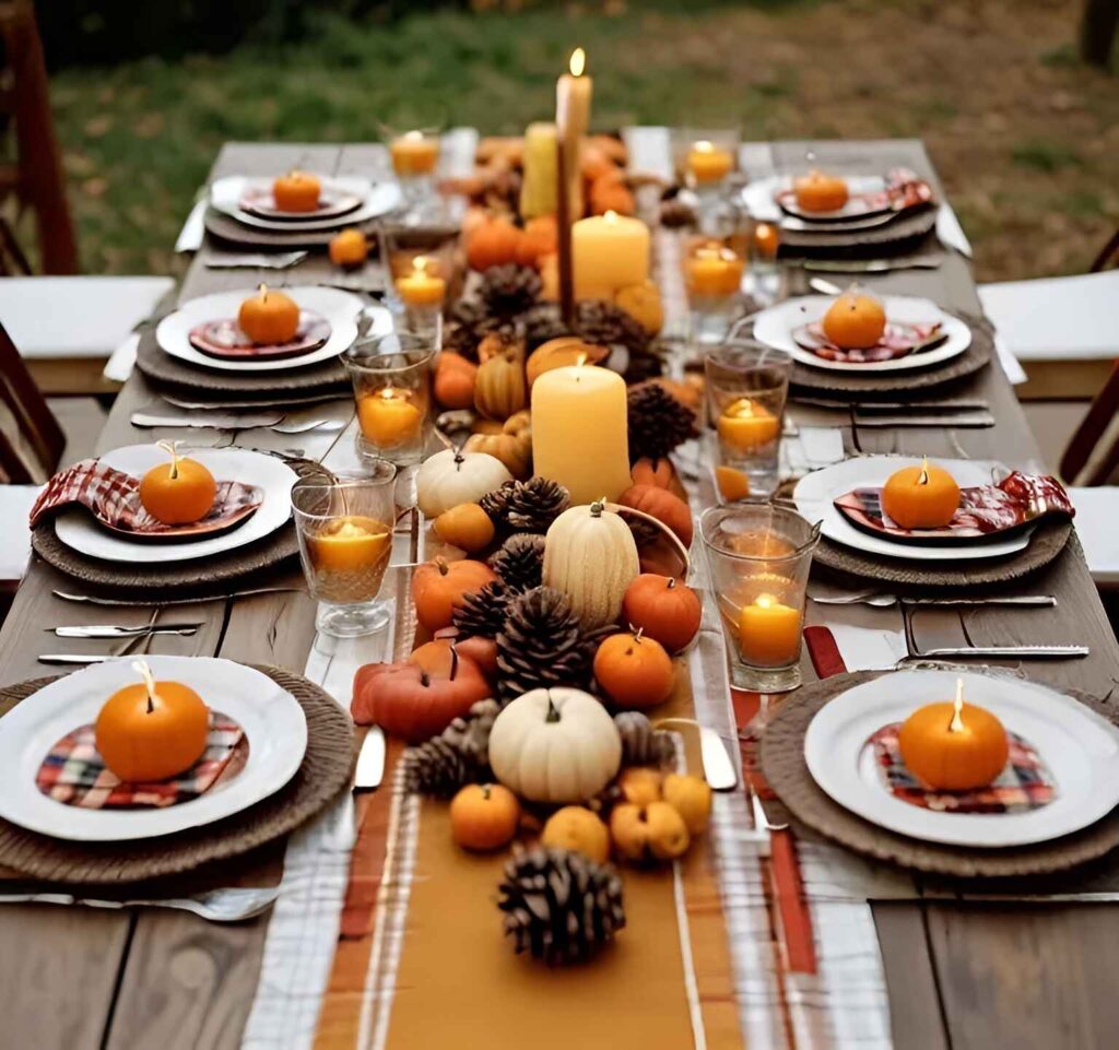 Outdoor Thanksgiving table with pumpkin centerpiece