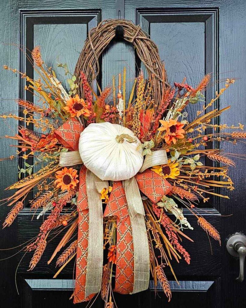 Autumn wreath with white pumpkin sunflowers and fall colors on dark door