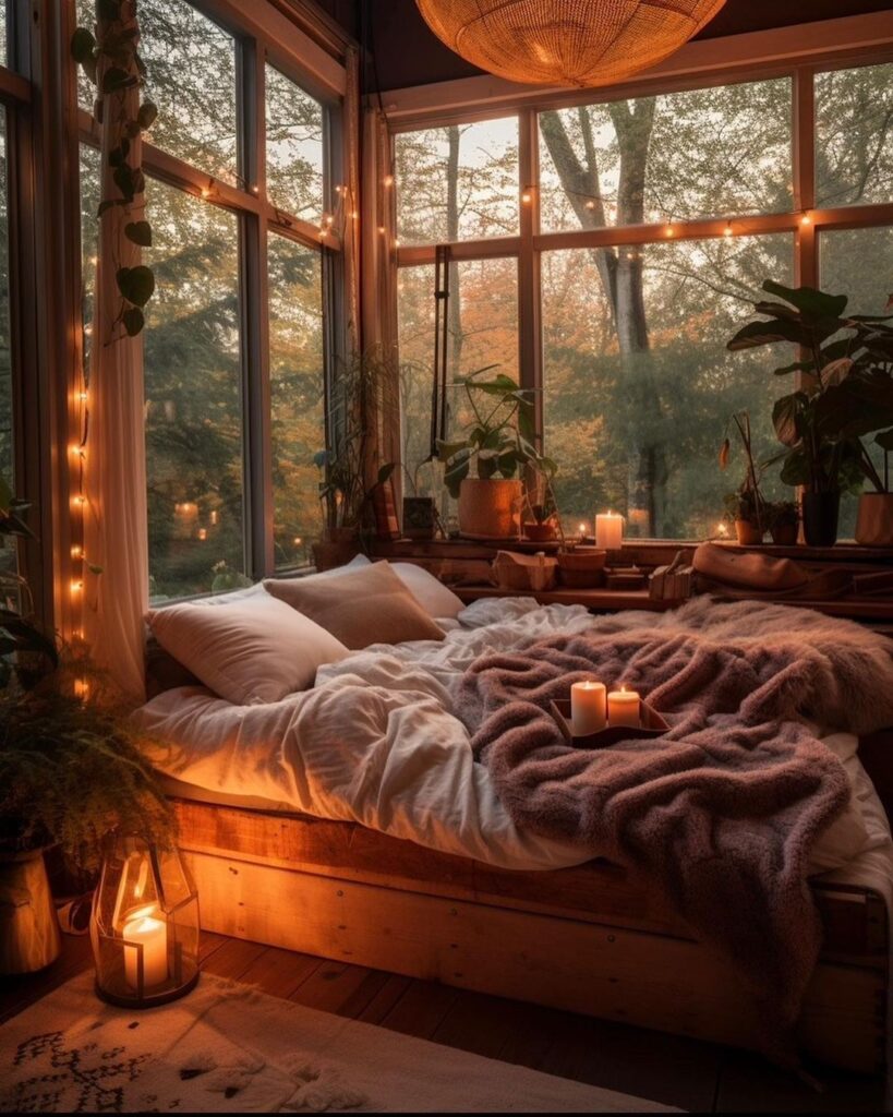 Cozy bed by large windows overlooking autumn forest at sunset.