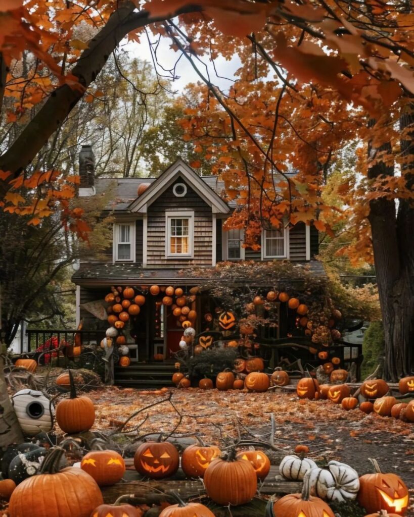 Cozy cottage surrounded by autumn foliage and numerous carved pumpkins