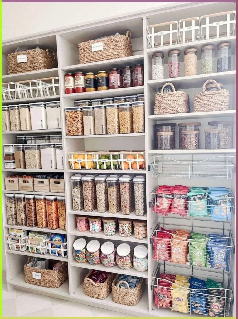 Organized pantry with clear containers and woven baskets