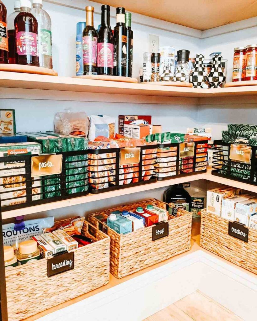 Organized pantry with wire baskets and labels