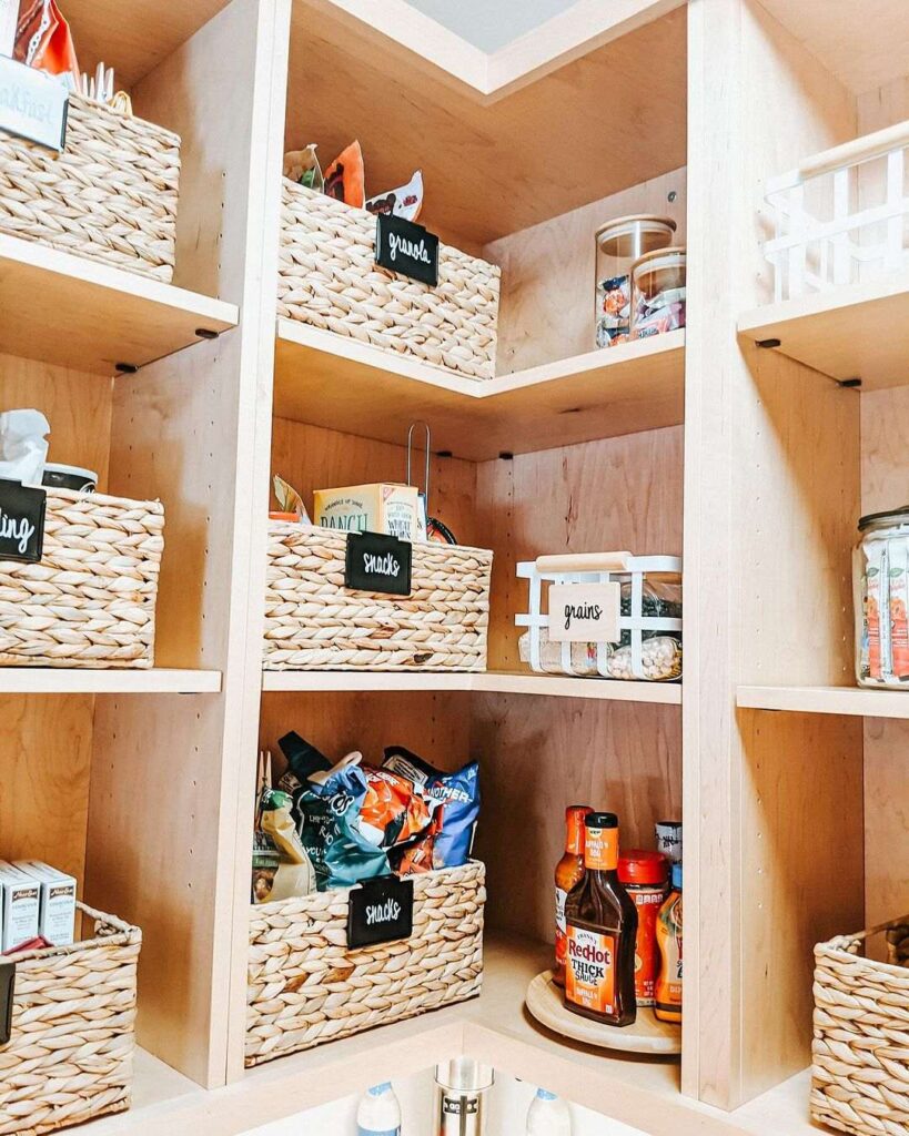 Organized pantry with labeled woven baskets