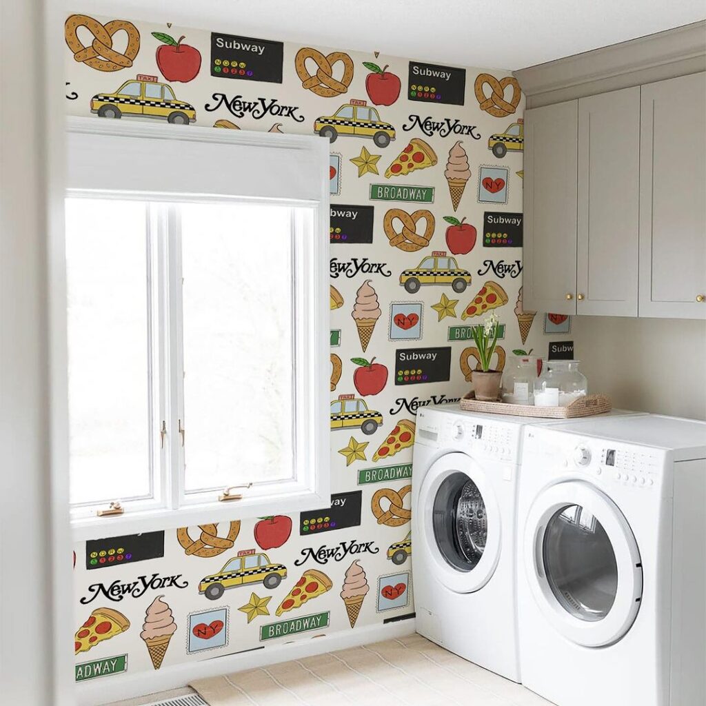 Laundry room with New York City themed wallpaper.