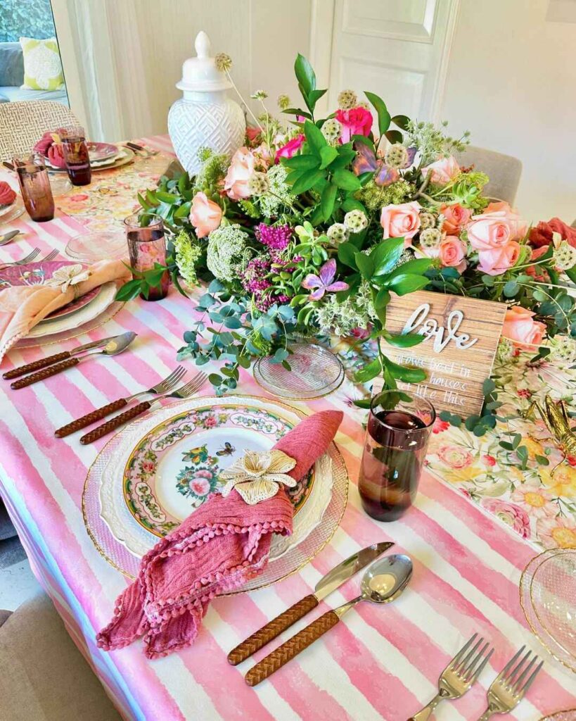 Floral Thanksgiving table with pink roses centerpiece