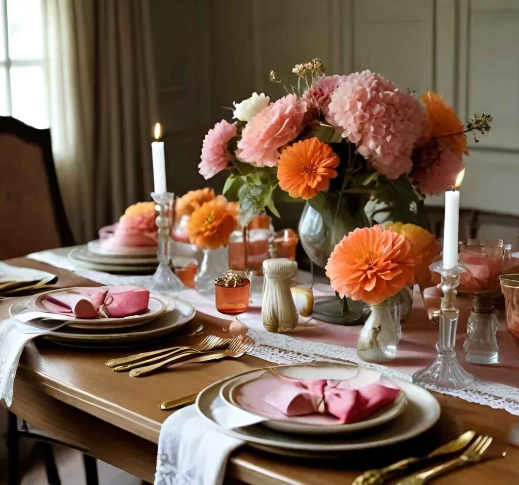 Thanksgiving table with pink and orange floral centerpiece