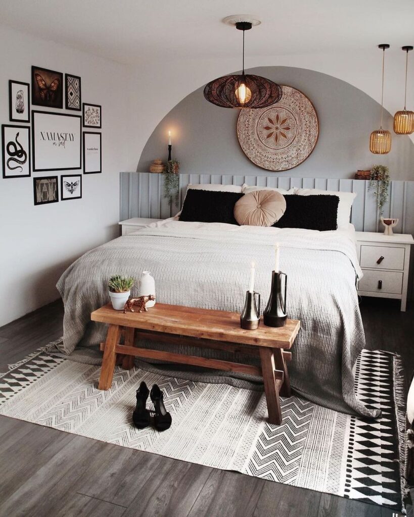 Bohemian-inspired bedroom with neutral color scheme