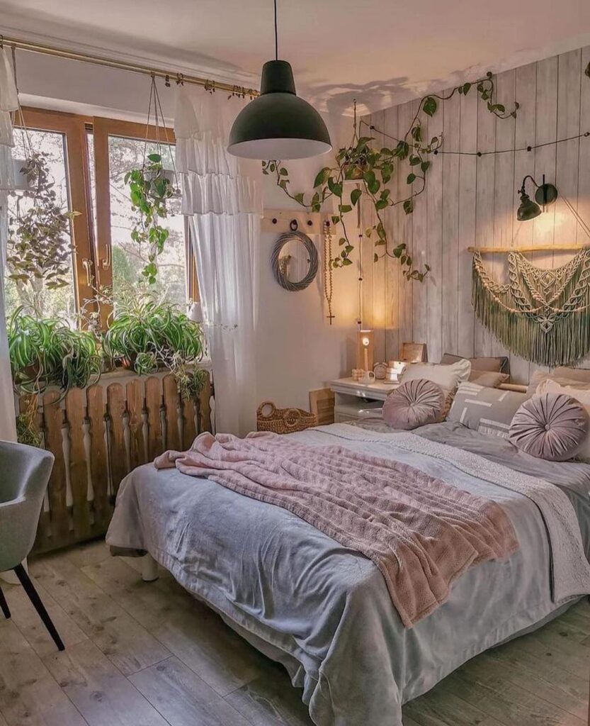 Cozy bedroom with plants and vintage-inspired decor