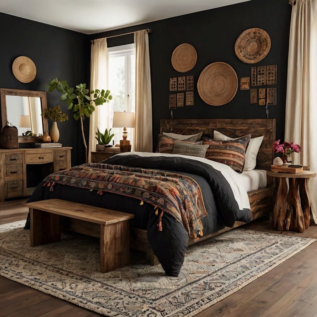 Dark-walled bedroom with bohemian decor and wooden furniture