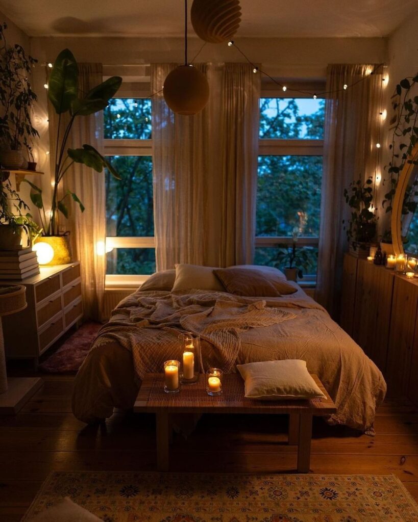 Candlelit bedroom with plants and string lights