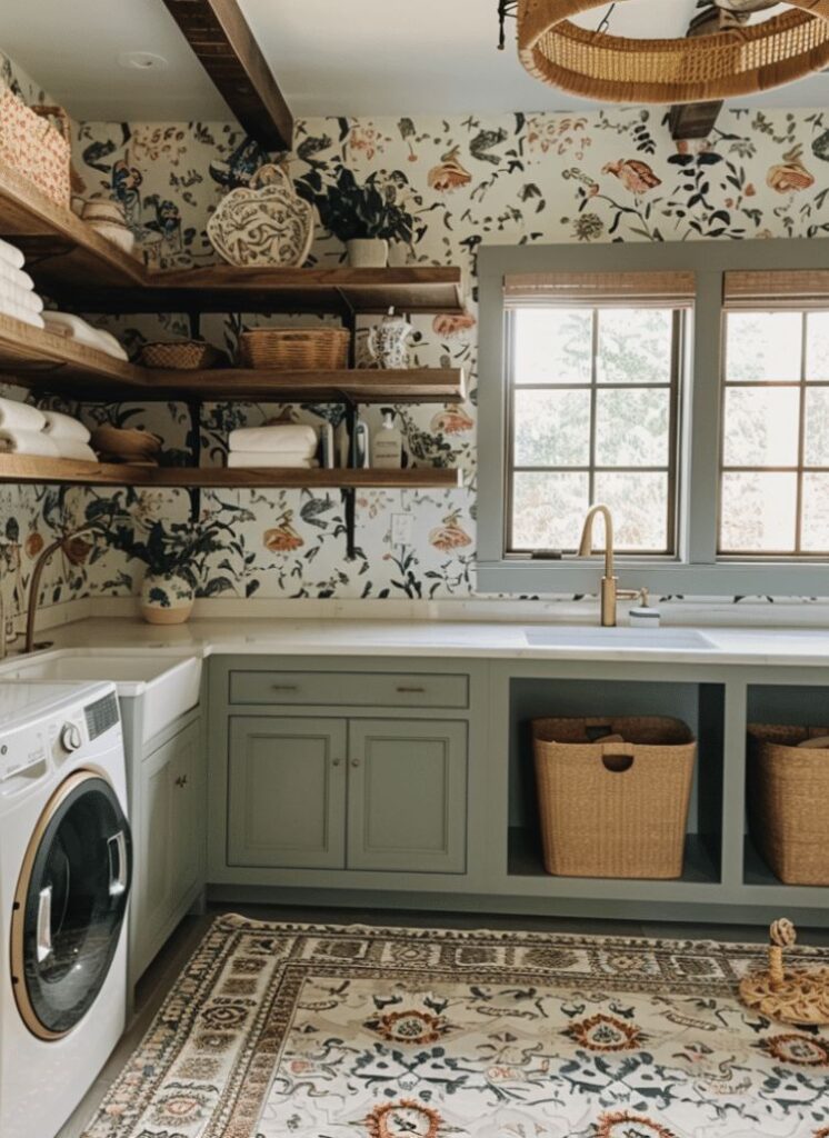 Bohemian laundry room with floral wallpaper and sage cabinets