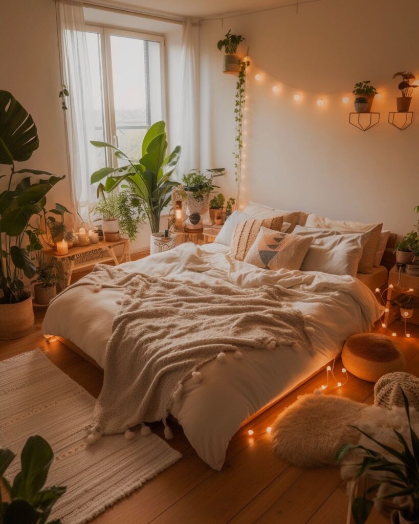 Cozy bedroom with white bedding houseplants and warm lighting.