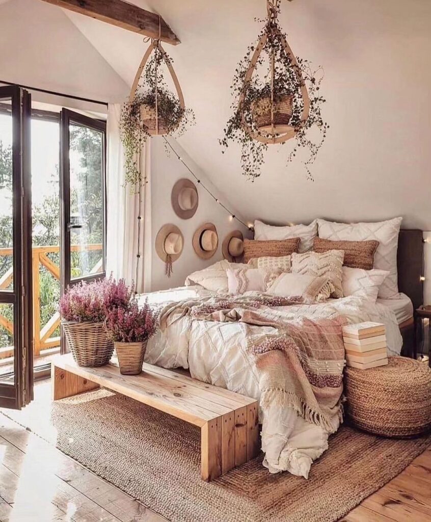 Bohemian bedroom with hanging plants rustic decor and balcony view