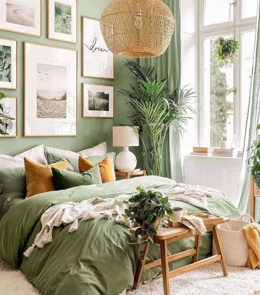 Green bedroom with plants and nature-inspired decor