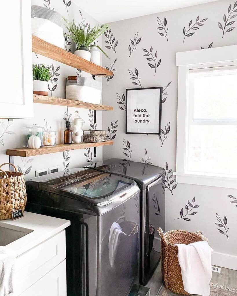 Botanical-themed laundry room with floating shelves