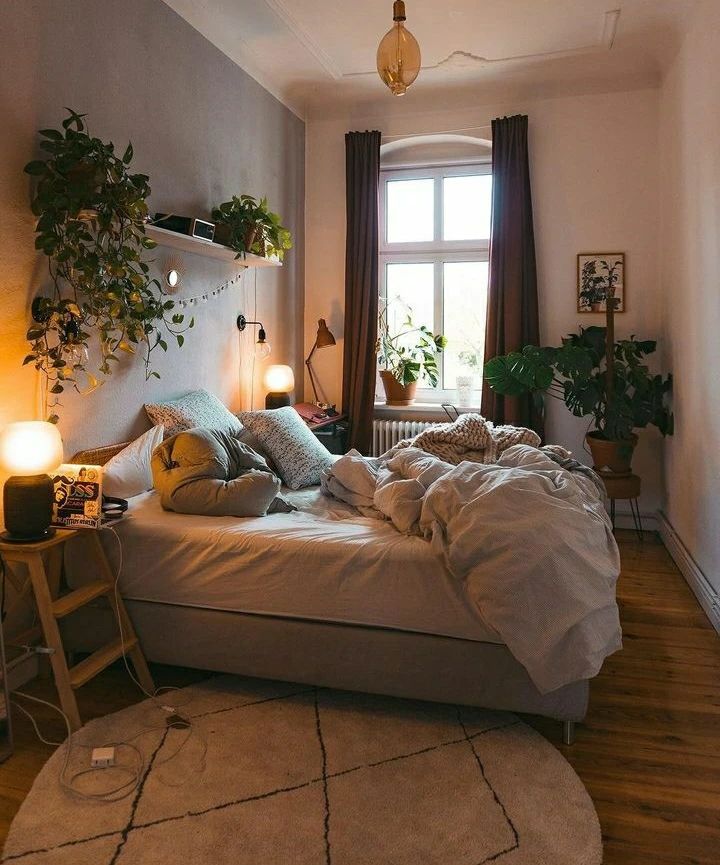 Cozy bedroom with plants and warm lighting