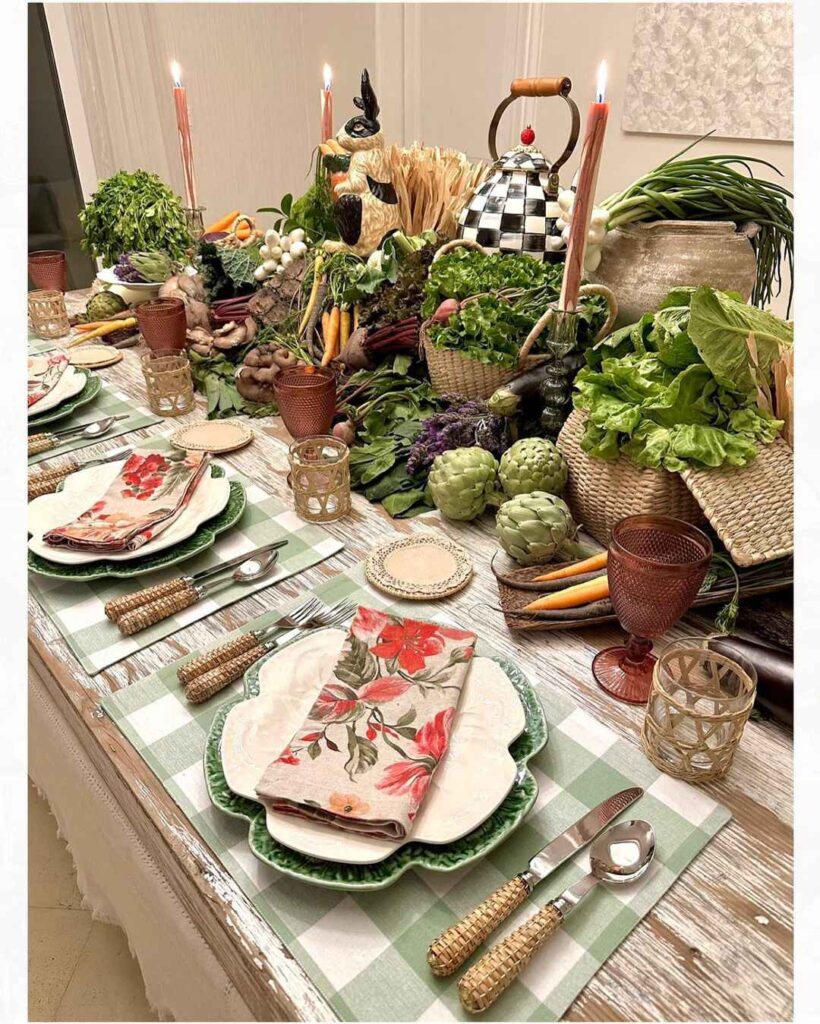 Thanksgiving table overflowing with fresh vegetables and rustic decor