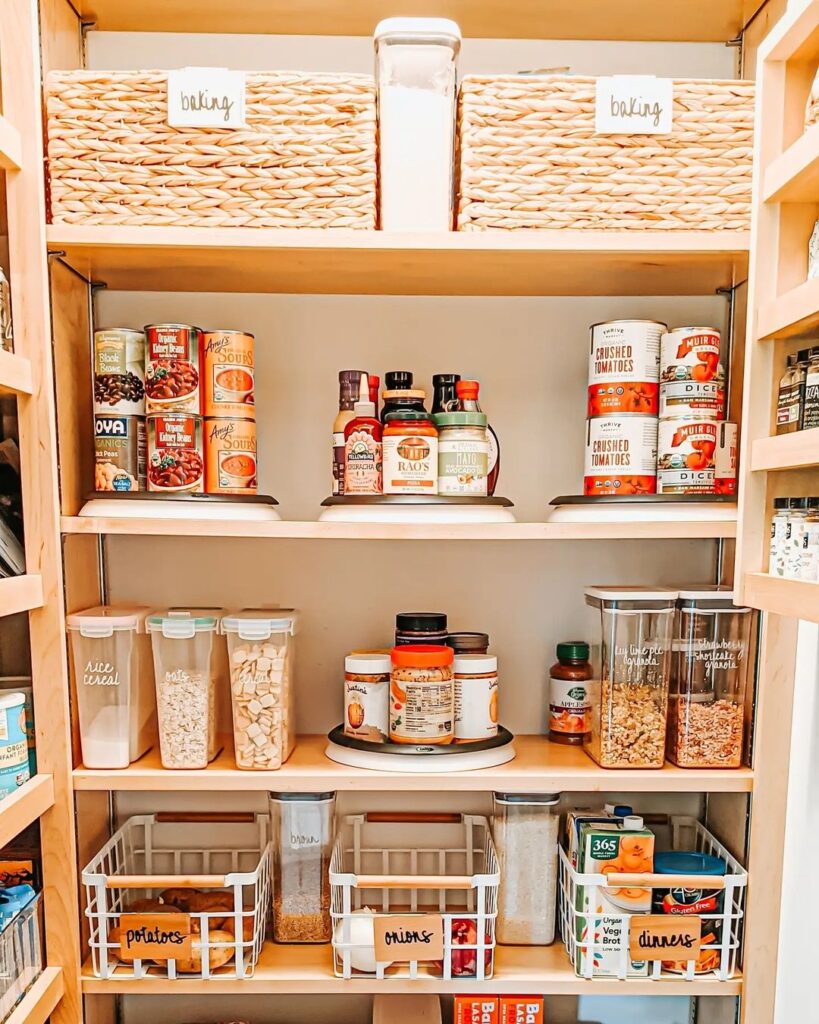 Organized pantry shelves with labeled storage containers.