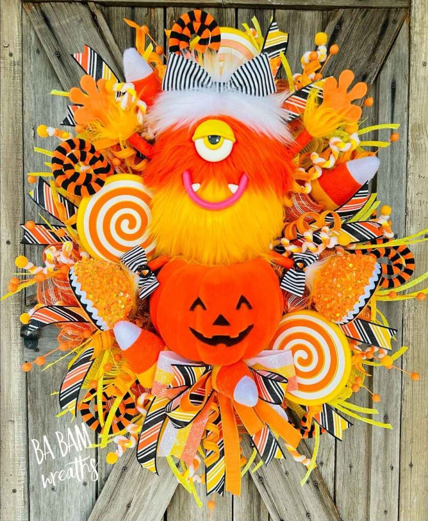 Halloween wreath with orange monster and candy-themed decorations.