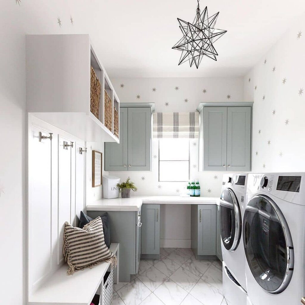 Modern laundry room with star-themed decor.